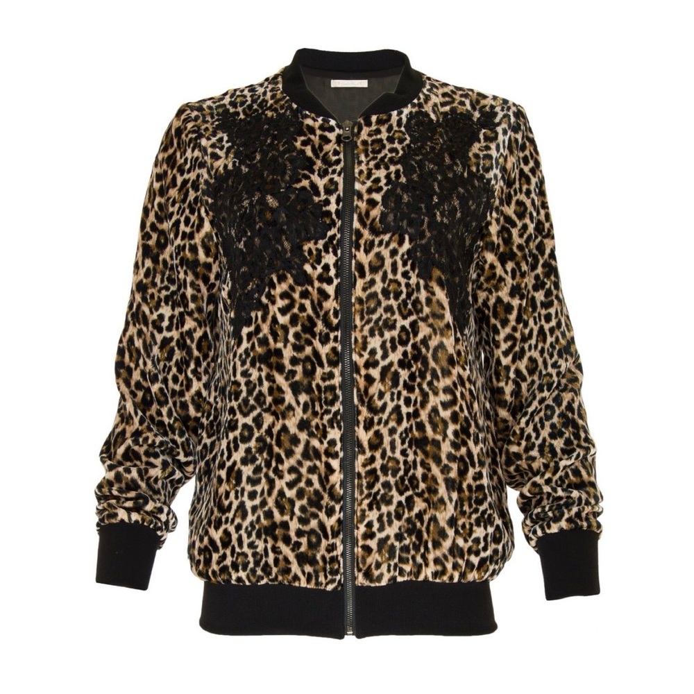Gold Hawk Silk Leopard Print Bomber Jacket with Lace Detail - Black Trim